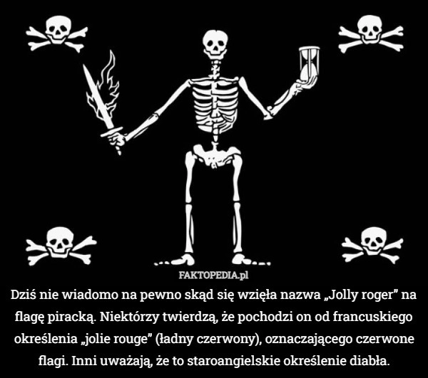 Dziś nie wiadomo na pewno skąd się wzięła nazwa „Jolly roger” na flagę piracką.