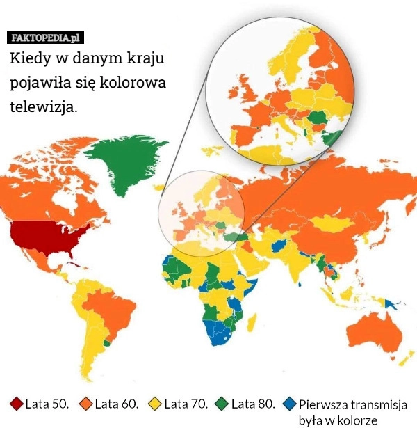 
    Kiedy w danym kraju pojawiła się kolorowa telewizja.