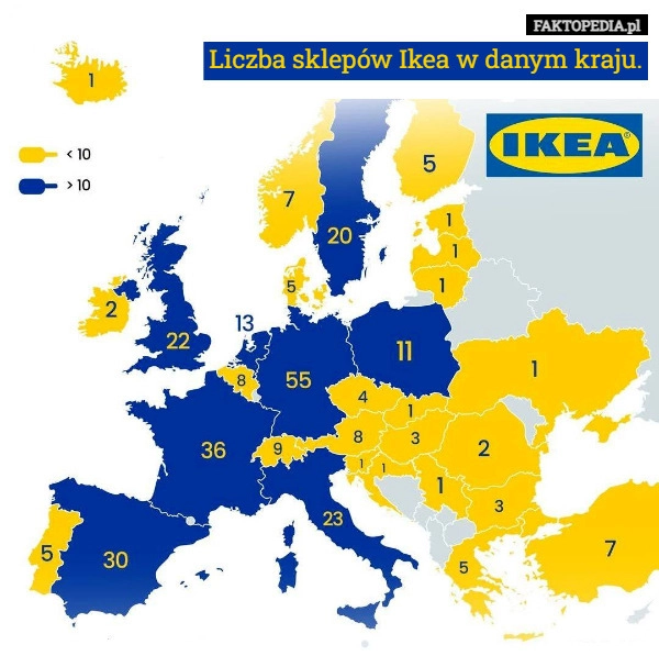 Liczba sklepów Ikea w danym kraju.