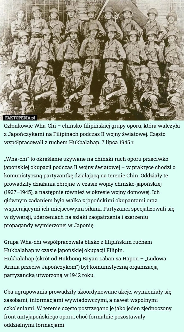 Członkowie Wha-Chi – chińsko-filipińskiej grupy oporu, która walczyła z...