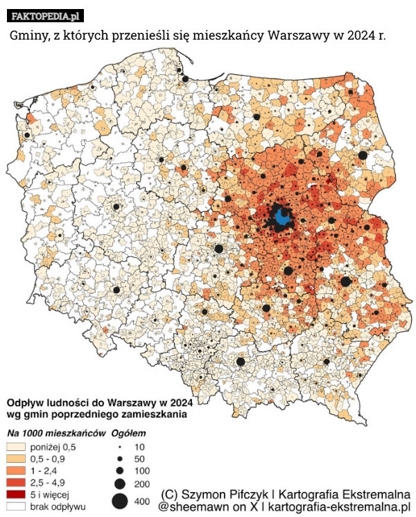 Gminy, z których przenieśli się mieszkańcy Warszawy w 2024 r.