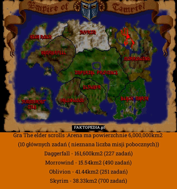 Gra The elder scrolls :Arena ma powierzchnie 6,000,000km2 
(10 głównych