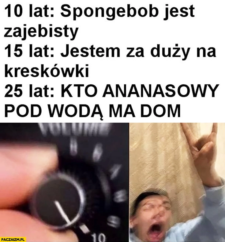 
    10 lat Spongebob jest zarąbisty, 15 lat jestem za duży na kreskówki, 25 lat kto ananasowy pod woda ma dom