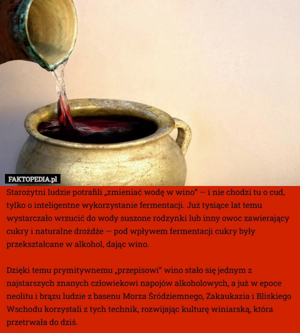 
    Starożytni ludzie potrafili „zmieniać wodę w wino” — i nie chodzi tu o cud,