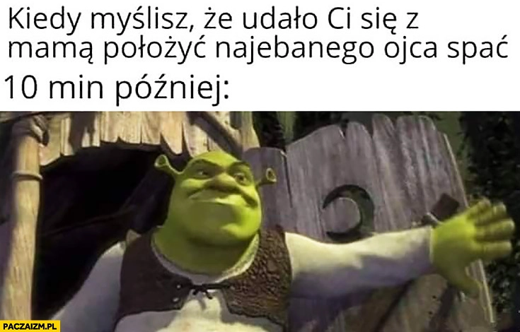 
    Shrek kiedy myślisz, że udało Ci się z mamą położyć nawalonego ojca spać, 10 min później wstaje wraca
