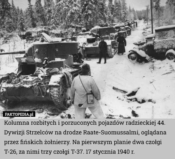 Kolumna rozbitych i porzuconych pojazdów radzieckiej 44. Dywizji Strzelców