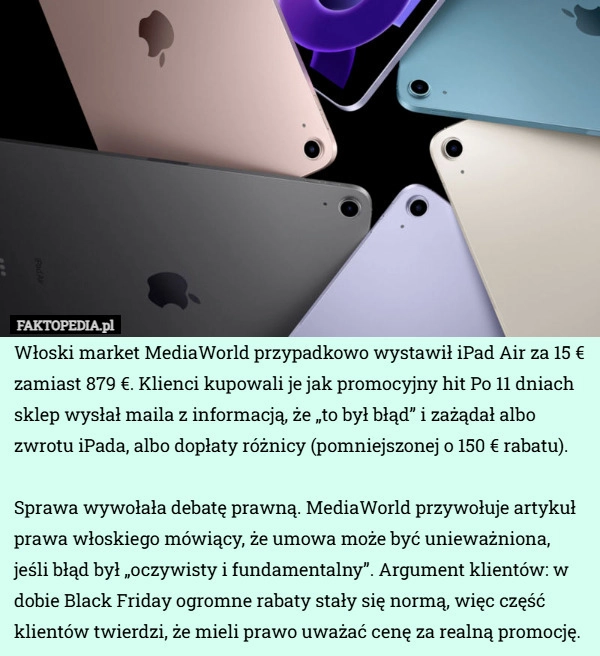 Włoski market MediaWorld przypadkowo wystawił iPad Air za 15 € zamiast 879