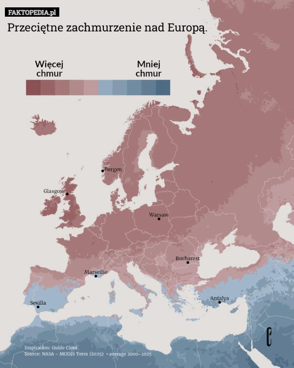 Przeciętne zachmurzenie nad Europą.