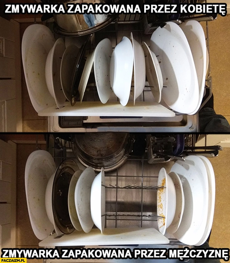 Zmywarka zapakowana przez kobietę vs zmywarka zapakowana przez mężczyznę porównanie