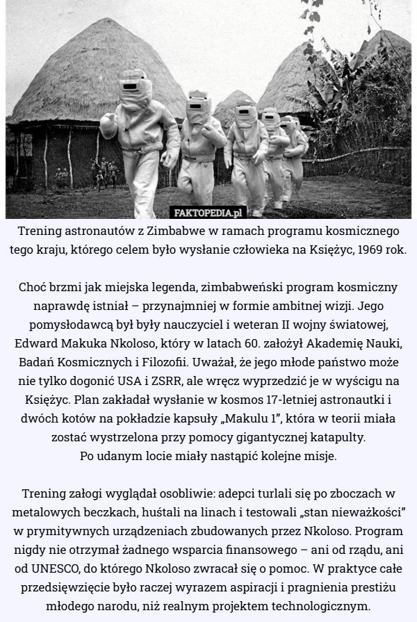 Trening astronautów z Zimbabwe w ramach programu kosmicznego tego kraju...