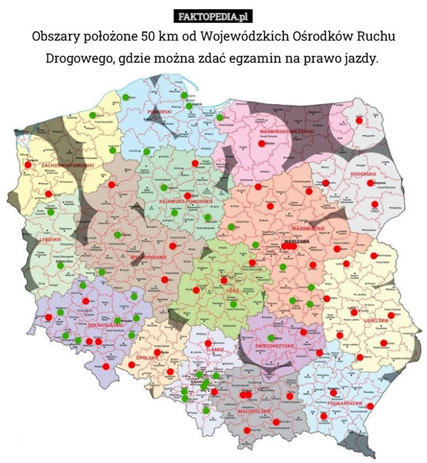Obszary położone 50 km od Wojewódzkich Ośrodków Ruchu Drogowego, gdzie można