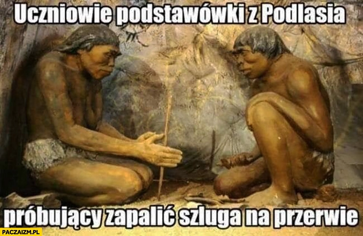 Uczniowie podstawówki z Podlasia próbujący zapalić szluga na przerwie człowiek pierwotny